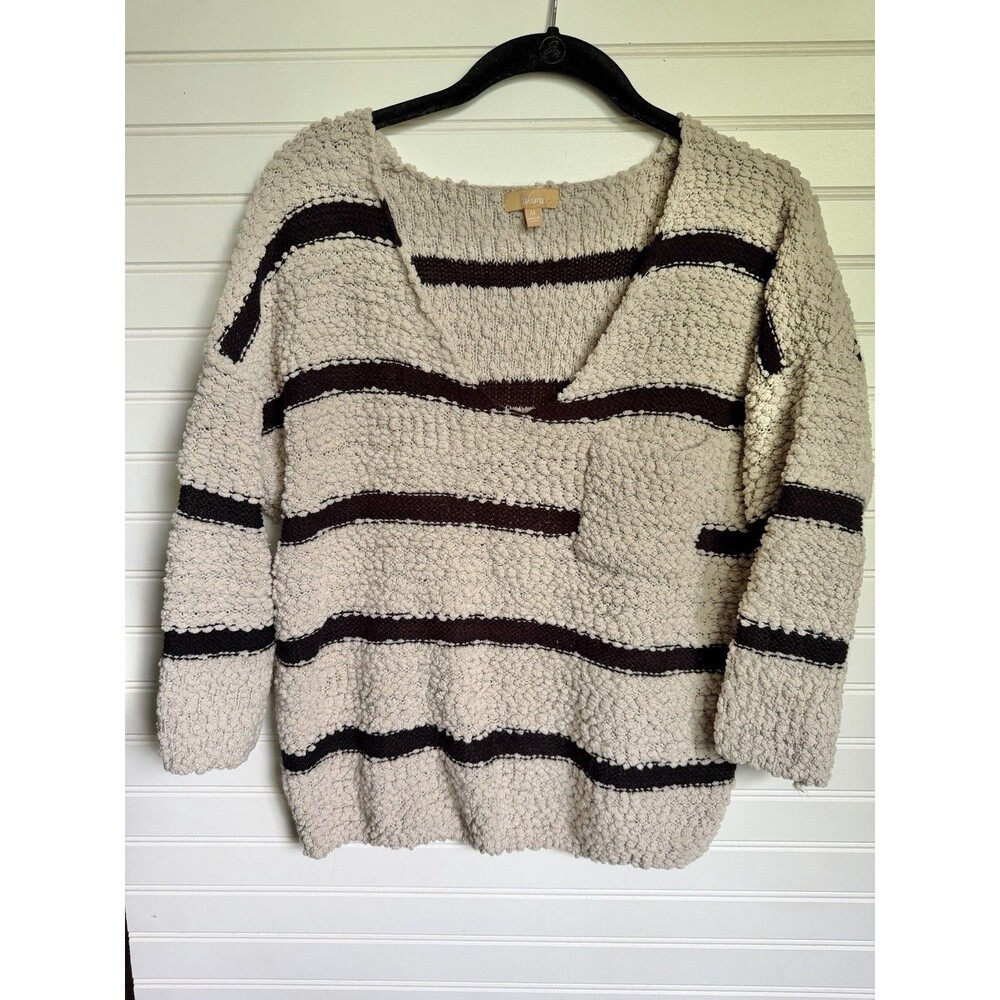 Takara Striped Boucle Popcorn Knit Sweater V Neck Cream Size Medium